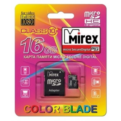 Карта памяти microSD 16Gb Mirex Class 10 UHS-I + адаптер
